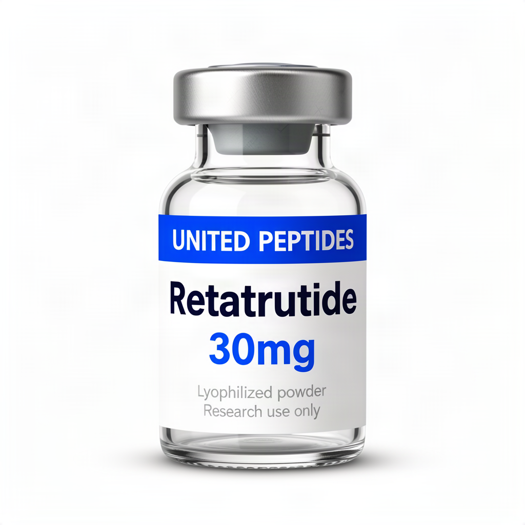 United Peptides lyophilised retatrutide vial requiring reconstitution before use